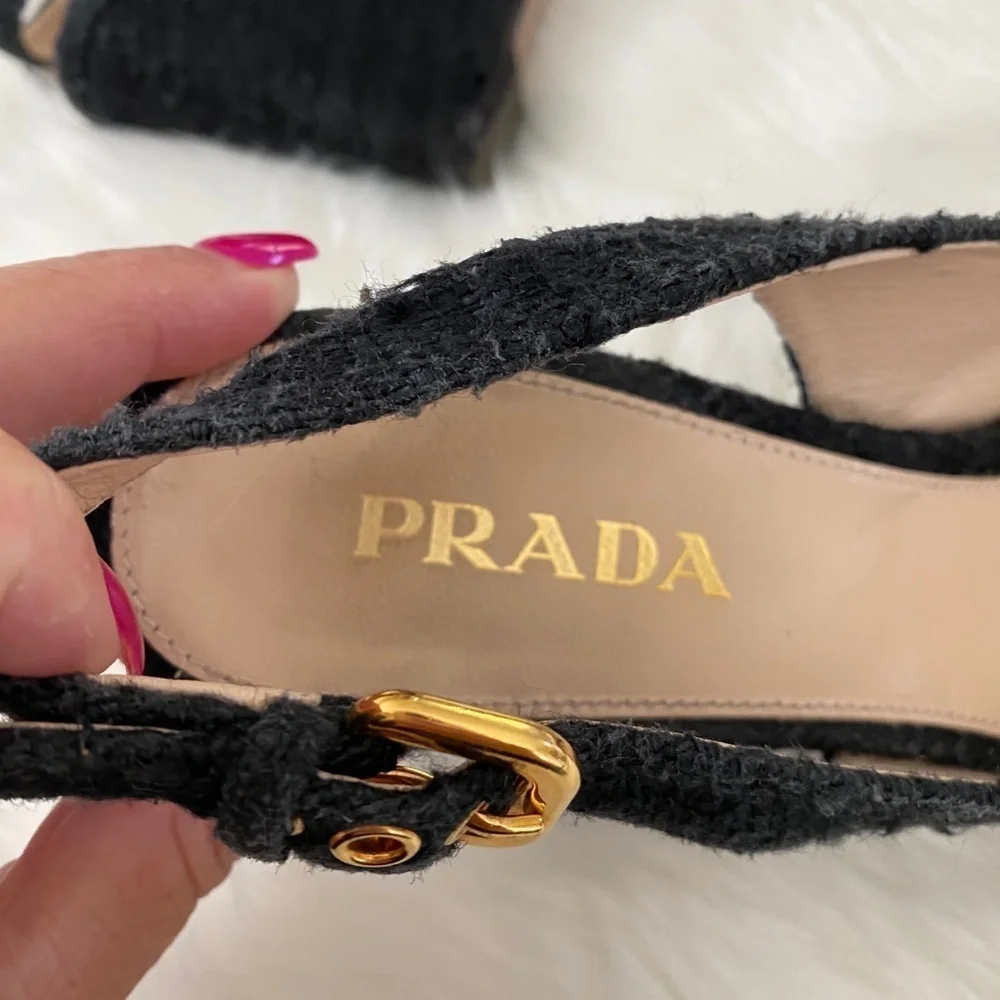 Prada tweed slingback peep toe wedges, Sz. 36.5